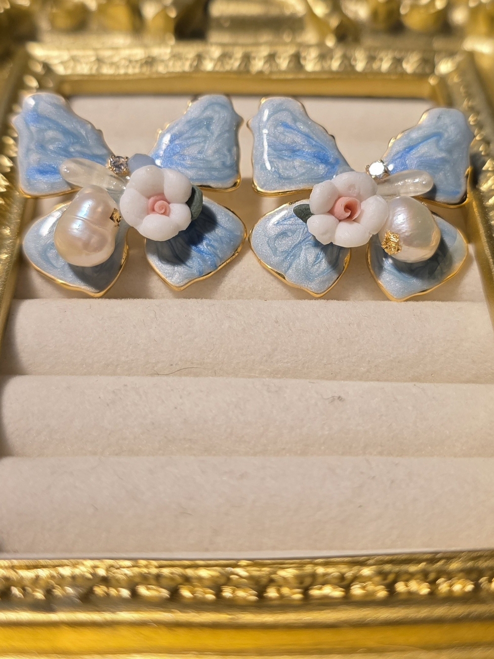 Blue Enamel Floral Pearl Stud Earrings - Unbranded